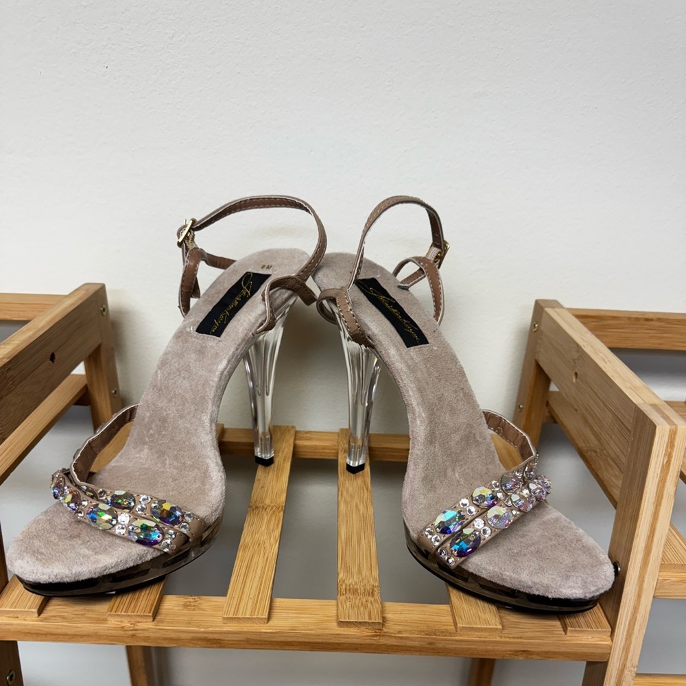 Johnathan Kayne Taupe Suede Jeweled Open-Toe Heels